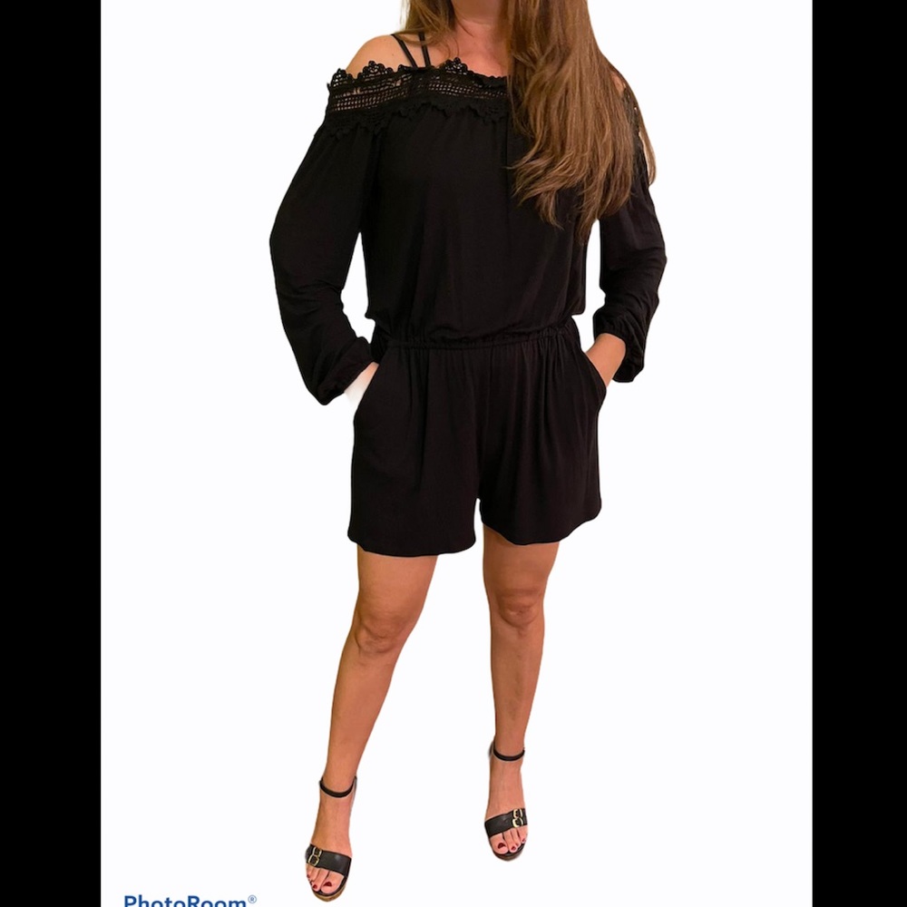 Jessica Simpson Black Crochet Lace Up Short Romper